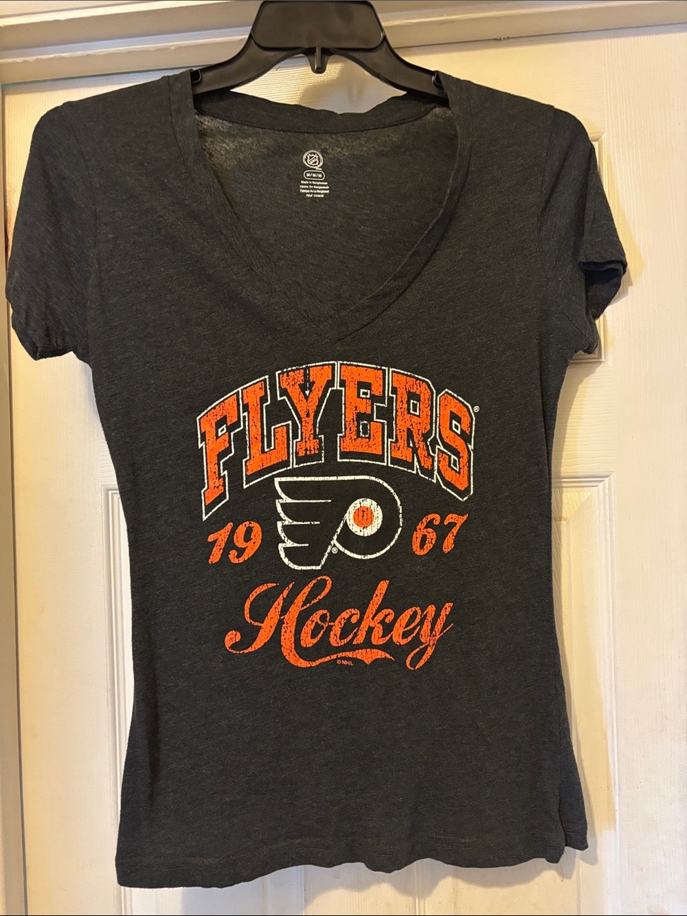 NHL Women's Charcoal V-Neck  with Orange Philadelphia Flyers Graphic Top